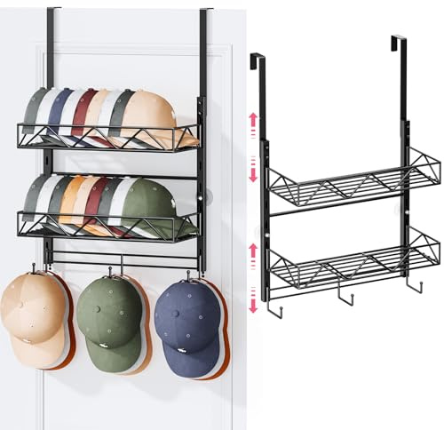 SWTYMIKI Over Door Hat Organizer - 3 Tier Wall Mounted Hat Rack with 2 Adjustable Metal Basket and 3 Hooks, Hanging Baseball Cap Organizer Storage Holds up to 29 Caps for Door, Bedroom, Closet