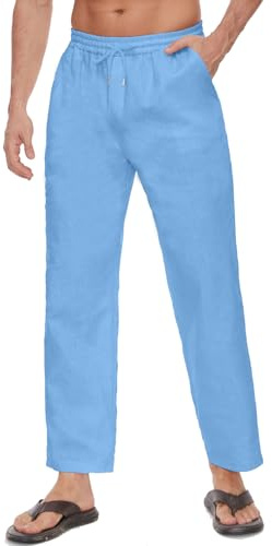 CheChury Pantalon Lino Hombre Verano Largo Pantalones Casual Bolsillos Laterales Cintura Elástica con Cordón Playa Yoga Pantalon Anchos Ligeros Pantalones de Lino para Hombre para la Playa