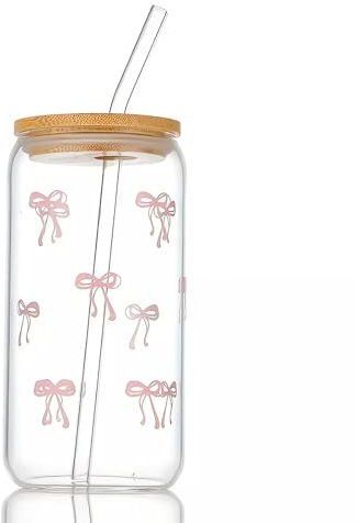 AFBTCQMB Taza con tapa y pajita de 16 oz, Aesthetic Pink Stuff Clean Girl Bow Design Vaso de vidrio con tapa y pajita para batido de café helado, regalos para niñas, mujeres y amigos