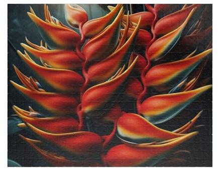 Heliconia rostrata Lobster Claw Jigsaw Puzzle Made in USA - Bright Red Yellow Bracts in Dramatic Hanging Clusters