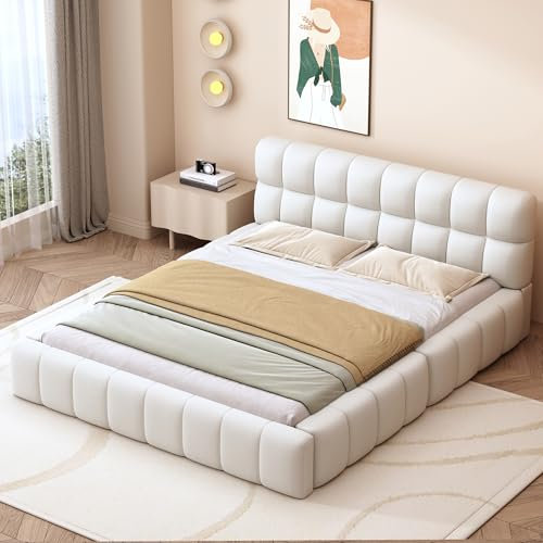 EINHOM Bett 140x200, Polsterbett mit Weicher Rückenlehne, Doppelbett mit Polsterumrandung, Jugendbett, Bett mit Lattenrost, Leinen, Ohne Matratze, Beige