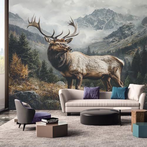 Tapete Fototapete Wald Hirsch Berge 350 x 256 cm Vliestapete Wandbild Fototapeten, Vlies Tapeten Wandtapete Schlafzimmer, Wohnzimmer, TV Hintergrund Wand Moderne Wanddeko vivo5