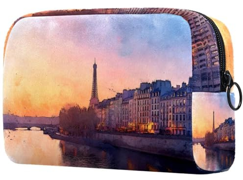 Trousse à maquillage aquarelle Paris Tour Seine au crépuscule pour femme, trousse de toilette de voyage, grande pochette de maquillage pratique avec fermeture éclair