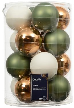 Weihnachtskugelset 16-TLG., Braun-Grün-Weiß, 8 cm, Matt & Glänzend, Edles Dekorationselement