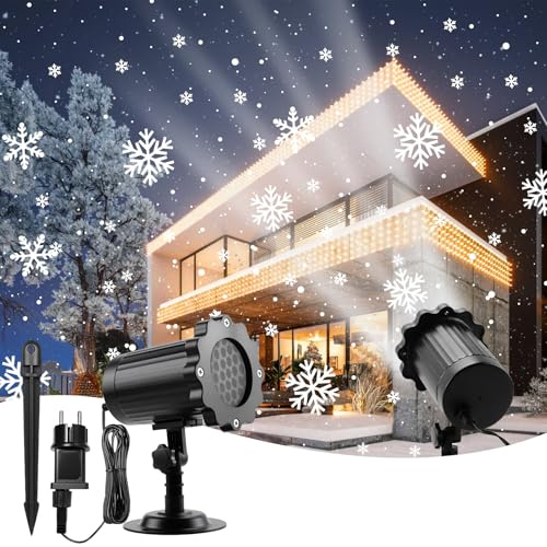 Proyector Navidad Exterior, Proyector Navideño con Temporizador de Mando a Distancia, IP44 Resistente Proyectors Luces Navidad, Copos de Nieve LED Dinámico para Boda, Halloween