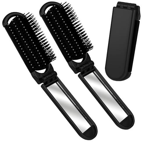 YPYMOD 2 Pièces Brosse à Cheveux de Voyage Avec Miroir Pliable, Mini Brosse de Voyage, Peigne de Massage Compact Outils de Coiffure pour Salle de Sport, Voyage, Sac à Main, Natation (Noir）
