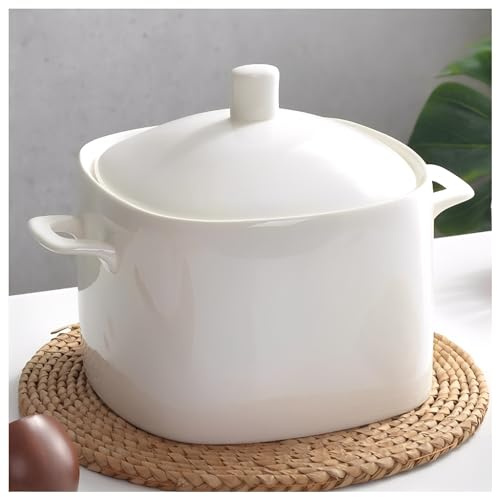 Vnook Sopera de cerámica con cucharón, Cuenco Redondo for Servir con Dos Asas, cazuela, vajilla Decorativa for Sopa, Cereales, guisos, Chile, Sopa de Miso