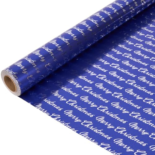 10 m Geschenkpapierrolle für Weihnachten, 43 cm, blaues Geschenkpapier mit glänzendem „Frohe Weihnachten“-Aufdruck, ideal für Weihnachts- und Geburtstagsgeschenke