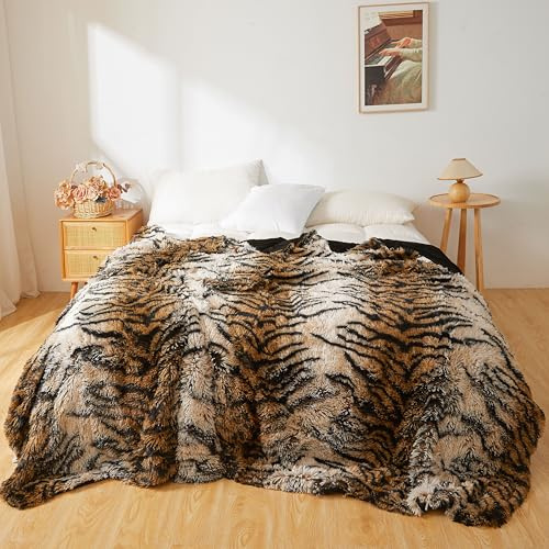 XeGe Luxus Flauschige Kunstfell Tigerprint Bettdecke für Kinder, Erwachsene & Paare, dekorativ Plüsch Throw Kuscheldecke King Size groß für Heimdekoration Schlafzimmer, Braun, 228x264cm, King