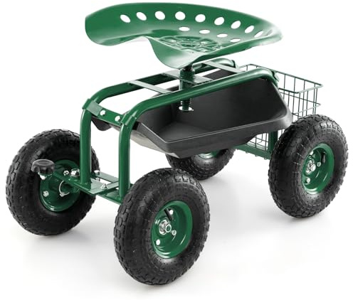 GOPLUS Gartenhocker mit Rollen, Gartenwagen höhenverstellbar, Rollsitz für Gartenarbeit bis 150 kg, Gartensitz mit 360° drehbarem Sitz, Aufbewahrungskorb & Lenkgriff, Gartenrollsitz Outdoor, Grün
