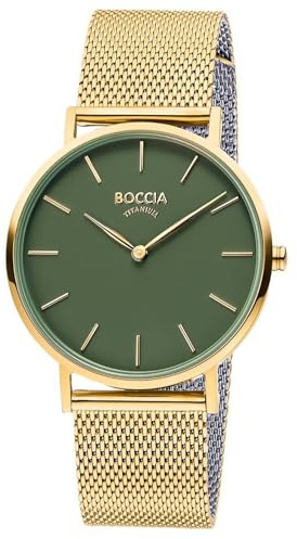 Boccia Titanium Damenuhr 3273-12 Titan gelbgoldfarben 36 mm mit grünem Zifferblatt, Quarz Armbanduhr mit Milanaise Edelstahlband, ultraflach ca 6 mm, wasserdicht 3 bar