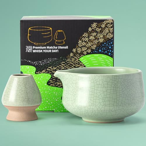 TEANAGOO Matcha Bowl with Spout,Ceramic Matcha Bowl Set and Whisk Holder, Green Tea Bowl, 2 PCS Macha Chawan 17.2oz/510ml,Matte Light Green with Black Seam with Stand