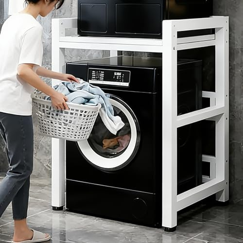 Kit de Superposition Lave Linge Seche Linge 3 Hauteurs RéGlables, Cadre en métal de 1 mm d'épaisseur Charge de 800kg Meuble de Rangement Machine a Laver pour Salle (White, H:95CM/100CM/105CM)
