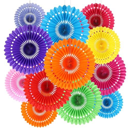 BestoFun 12 Stück Bunt Papier Fächer Set Faschings Deko Bunt Party Deko Grün Gelb Blau Hängende Girlande Orange Rosa Papierblumen Regenbogen Dekoration für Geburtstags Hochzeit Karneval Deko