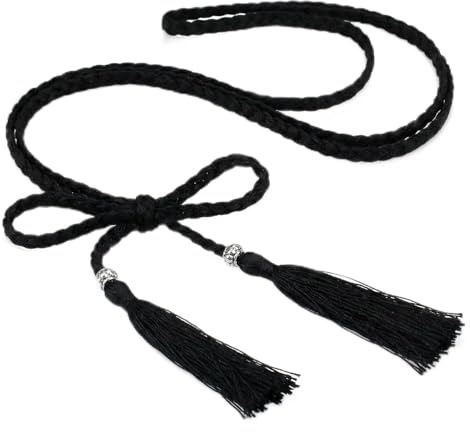 Hopzab Cintura in vita da donna in corda intrecciata con nappa, alla moda, bohémien, sottile, per gonna e vestito, cintura alla moda per donne, tessuto per abiti casual e feste, Nero , 180 cm