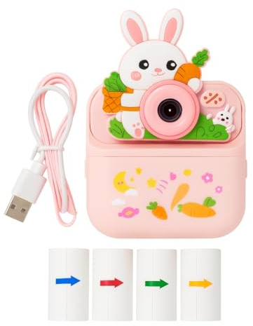 Cámara Infantil Instantánea con Impresión Termica, Diversos Modelos, Pantalla LED 2.4 Pulgadas, 6 Modos, Incluye 4 Rollos de Papel Térmico, Cable USB y Cinta Portante (Oro Rosa)