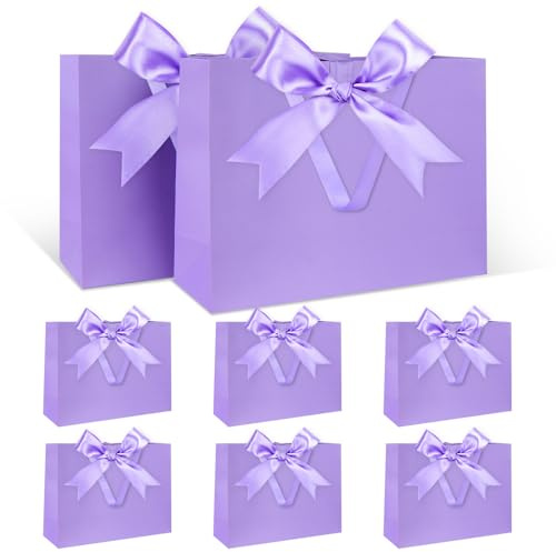 Presentpåsar set, lila presentpåse med rosett lila presentpåse med handtag 8 stycken 30 x 21 x 10 cm stora presentpåsar för födelsedag bröllop bröllopsdag jul