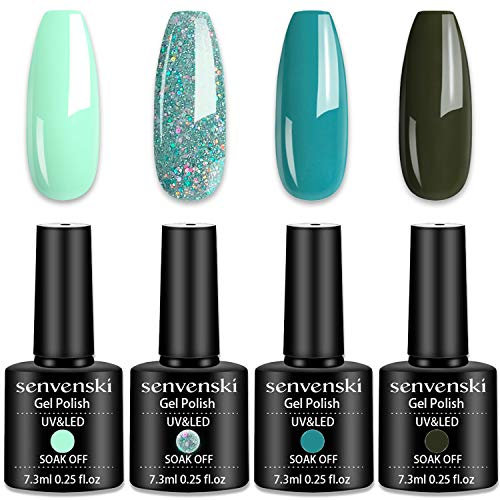 Senvenski Teal Gel Nagellack Blau Glitzer Minze Olive Armee Aqua Grün Smaragd Türkis Starry Schimmer UV LED Gift Set Kit Nagellack Kinder Mädchen (CS007)