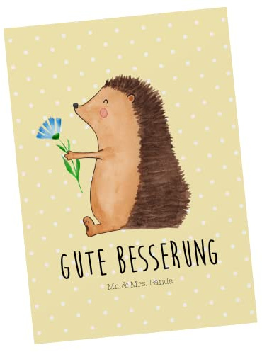 Mr. & Mrs. Panda Postkarte Igel Blumen - Geschenk, Grußkarte, einzelkarte, Genesungswünsche, Krankheit, Postkarten, Ansichtskarte, krank, Ansichtskarten, Gute Besserung, Lustige Sprüche, Krankenhaus