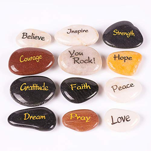ROCKIMPACT 12 Pierres Gravées Message Chanceuse Inspirant, Cadeau avec Gravure Inspiration Mot, Jardin Décoratifs Galets, Bonheur et Encouragement (Lot de Gros, 12 Mots Différents, 5-8 cm)