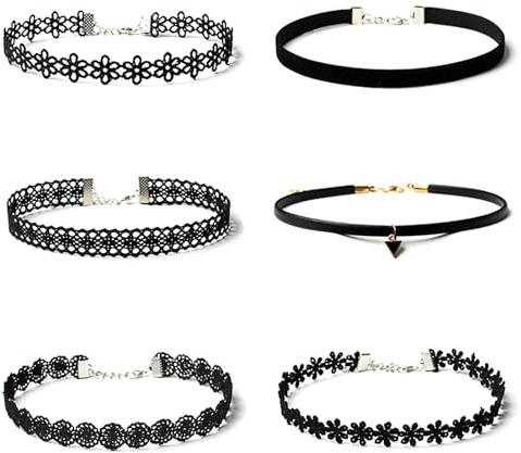 Febbya Choker Necklace Set,6Pack Stretch Necklaces Tattoo Choker for Teen Girls Women Elastic Velvet Black 28+7CM