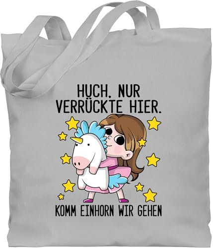 Shirtracer Baumwolltasche - Einhörner Taschen - Huch, nur Verrückte hier. Komm Einhorn wir gehen - schwarz - Unisize - Hellgrau - einhörnern alle verrückt hier beutel unicorns stoffbeutel motiv