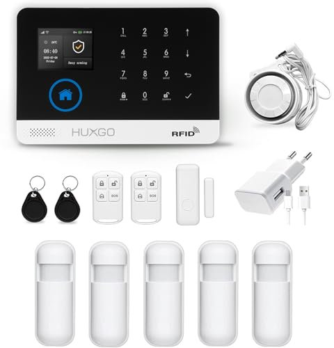 HUXGO, HXA003, Sistema de Alarma inalámbrico WiFi + gsm 4G con 5 sensores de Movimiento, Casa, Oficina, Piso, Garaje, aplicación Tuya Smart, SMS, Control Desde el teléfono, Idioma Espańol
