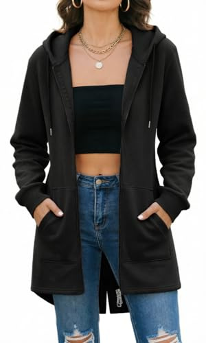 Tuopuda Donna Felpe con Cappuccio, Giacca Scollo a V, Top Manica Lunga, Cardigan con Zip, 2 Tasche Autunno Invernali, Sweatshirt Cappotto Pullover Hoodie Jumper, Nero, S