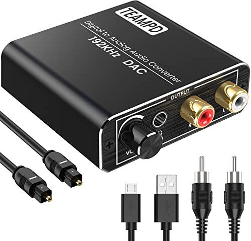 192kHz DAC Converter with Volume Control, Aluminum Digital SPDIF Toslink to Analog Stereo Audio Converter, R/L Converter Adapter with Optical, Coaxial and USB Cable For HDTV DVD PS4 Sky HD Blu-ray