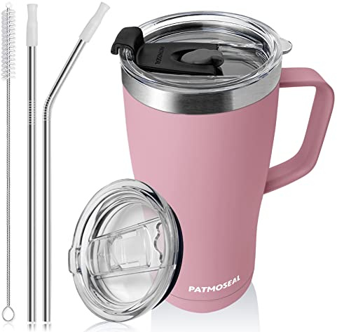 patmoseal 20oz Travel Mug with Handle and Straw Lid | Thermo Mug Insulated Cup with Handle for Hot & Cold Drinks | Thermal Cup Stainless Steel Tumbler, Fits Car Cup Holder 600ml (Pink)