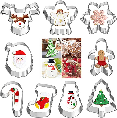 RUIYWEN Juego de 9 Cortadores de Galletas de Navidad en Forma de Santa Claus Copo de Nieve Árbol de Navidad, Moldes de Acero Inoxidable para Galletas Fondant Chocolate