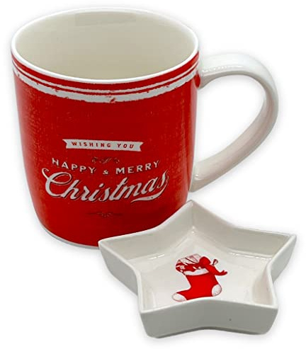 MIK funshopping Weihnachtstasse | Hochwertige Keramik-Tasse mit weihnachtlichem Design | Ideal für Heiß- & Kaltgetränke | Merry Christmas 320ml mit Gebäckschale