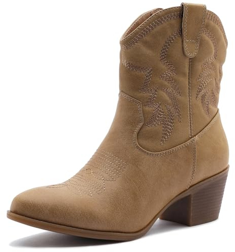 GLOBALWIN Women's Khaki Mid Calf The Western Cowboy Boots Fashion Cowgirl Boots For Women Low Heel Size 8.5M