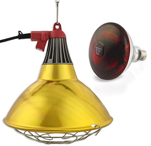 XXL Wärmestrahler 30 ⌀ Durchmesser mit Dimmer | 5 meter Kabel mit Infrarotlampe | Set 150 W Rotlichtlampe Wärmelampe E27 | Ferkellampe, Kückenlampe, Wärmelampe Tiere Hühner Infrarot Heizstrahler