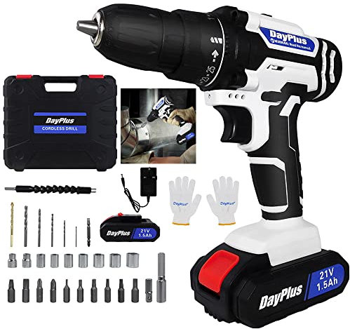 Electric Compact Drill,Cordless Impact Drill Kit 25+1 Torque Setting,with 1500mAh Lithium-Ion Battery and Fast Charger,3/8 Chuck, Variable Speed,with 29pc Accessory,for Wood,Ceramics,Plastics,Metal