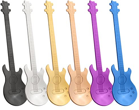AUEAR, 6 Pack Guitar Spoons Stainless Steel Coffee Spoon Demitasse Espresso Spoons Musical Spoon Teaspoon for Stirring Mixing Dessert Ice Cream Tea Cake (6 Colors)