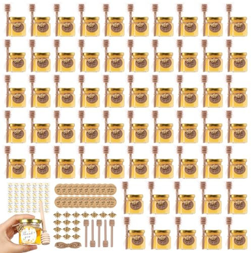BIGIVACA Mini tarros de miel de 1.5 onzas, paquete de 60 tarros hexagonales de vidrio con cazos de madera, tapas doradas, colgantes de abeja, yutes, calcomanías, etiquetas para recuerdos de boda