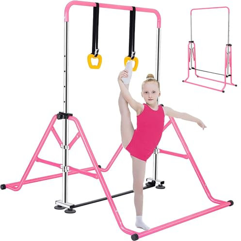 FCOUMY Barra de Gimnasia para Niños, Altura Ajustable y Plegable, Equipo de Gimnasia para el hogar, Altura telescópica Ajustable, Barra Horizontal Plegable con Anillos de Gimnasia para niños