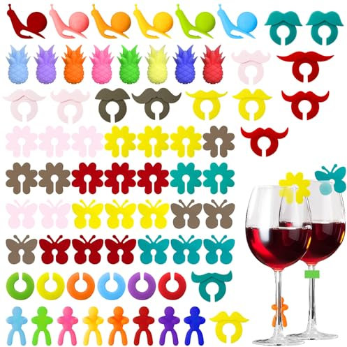 Ouprisks70 Pièces Marqueur de Verre à Vin, Marqueurs Colorés en Silicone, Convient à Toutes Sortes de Tasses, Verres à Boissons, Verres à Cocktail, Verres à Champagne, Verres à Martini, Etc