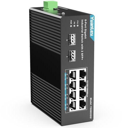 YuanLey Commutateur Ethernet Industriel 8 Ports Gigabit avec 2 SFP, 8 Ports Gigabit Ethernet, Commutateur Rail DIN IP30 Certifié Non-géré (-40 à 80°C), Protection à Vie