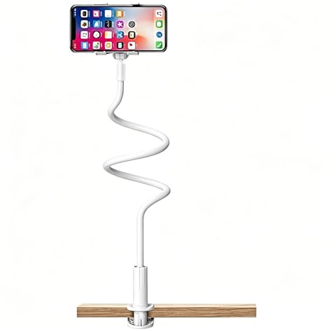 WKBYTUXR Cell Phone Stands, Grip Flexible Long Arm Gooseneck Phone Holder with Clamp, Clip Bracket Clamp Stand for 4.0-6.5'' Mobile Cell Phone, for Bedroom Desktop Office Bathroom Kitchen(White)