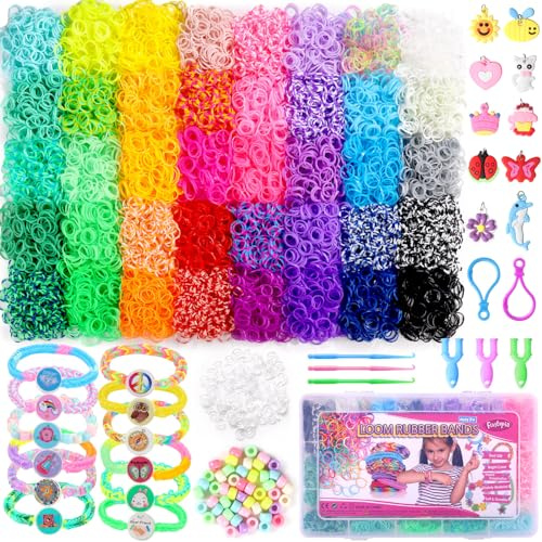 Funtopia Juego de 9000 cintas de loom, 40 colores para pulseras, pulseras elásticas con cuentas, colgantes, colgantes, ganchos, caja de almacenamiento, juguetes para manualidades para niños y niñas