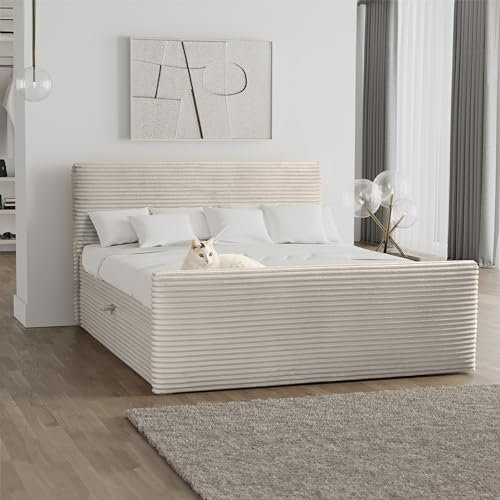 Kaiser Möbel - Bett 180x200 cm, Boxspringbett mit Bettkasten und Topper, Polsterbett für Schlafzimmer, Doppelbett mit Stauraum und Gepolstertes Kopfteil, Toppermatratze aus Viscoschaum - TRENTO - Ecru