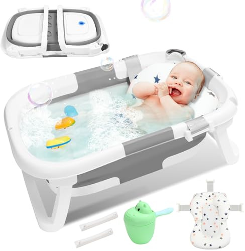 Daromigo Vikbart babybadkar, babybadkar med termometer, kudde, babyhuvud, halkfri nyfödd baby badtunna barn 0–36 månader, ergonomisk och ostörd, grå
