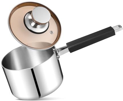 Homikit 16cm Tri-Ply Saucepan, Stainless Steel Milk Cooking Pan with Glass Lid & Small Pouring Lips, Suitable for Induction, Gas & Electric Hobs, Healthy, Mirror Finished & Easy Clean