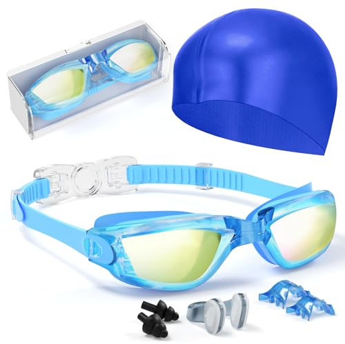 Hurdilen Kids Swim Goggles, Swimming Goggles for Kids Toddlers 3-14 with Swim Cap, Nose Clip, Nose Bridge, Ear Plugs