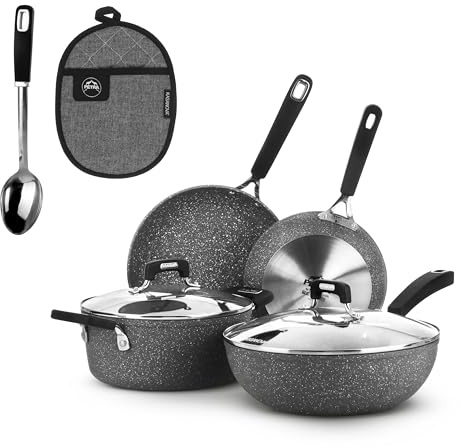 KASANOVA Batteria pentole 8 pezzi New Petra Dark, Set pentole e padelle induzione e forno fino a 180°C, Set pentole antiaderente con presina e cucchiaio in acciaio