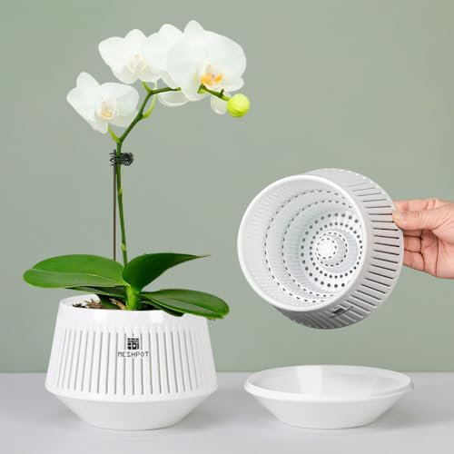 Meshpot 12 cm Orchid Pots with Holes for Repotting,Set of 2,Decorative Orchid Planter with Air-Pruning and Good Air Circulation,Plastic White Orchid Container with Saucers