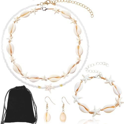 Hifot Muschel Halskette Armband Set Muschel Ohrringe Boho Seestern Perlen Choker Kette Muschelkette Meerjungfrau Accessoires Damen Strand Fußkettche Hawaii Sommer Schmuck Mädchen 4 Stück