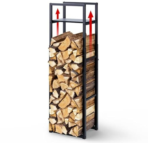 VOUNOT Verstellbare Kaminholzregal Metall, 3 Größen Einstellbar, Brennholzregal Feuerholzregal mit integrierter Ablage, für Innen und Aussen, 45 x 32 x 170 cm, Schwarz